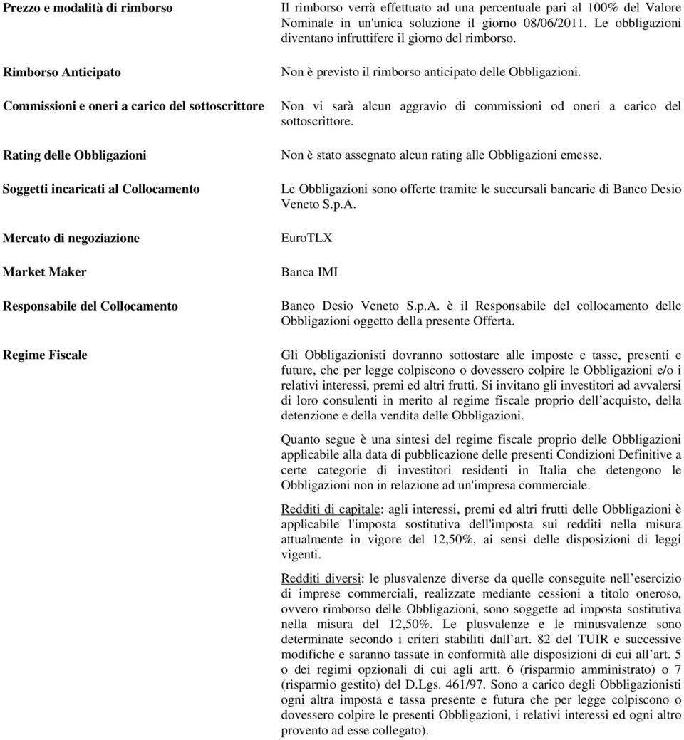 Le obbligazioni diventano infruttifere il giorno del rimborso. Non è previsto il rimborso anticipato delle Obbligazioni. Non vi sarà alcun aggravio di commissioni od oneri a carico del sottoscrittore.