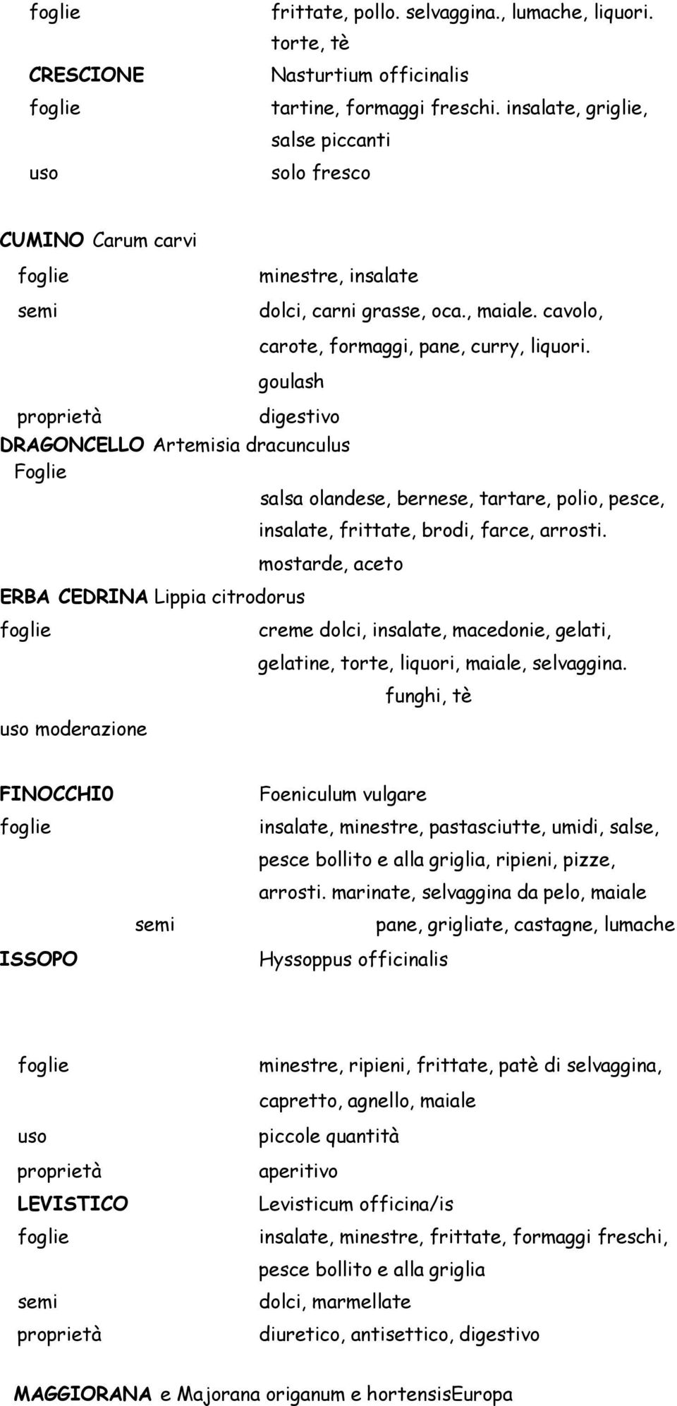 goulash digestivo DRAGONCELLO Artemisia dracunculus Foglie salsa olandese, bernese, tartare, polio, pesce, ERBA CEDRINA Lippia citrodorus moderazione insalate, frittate, brodi, farce, arrosti.