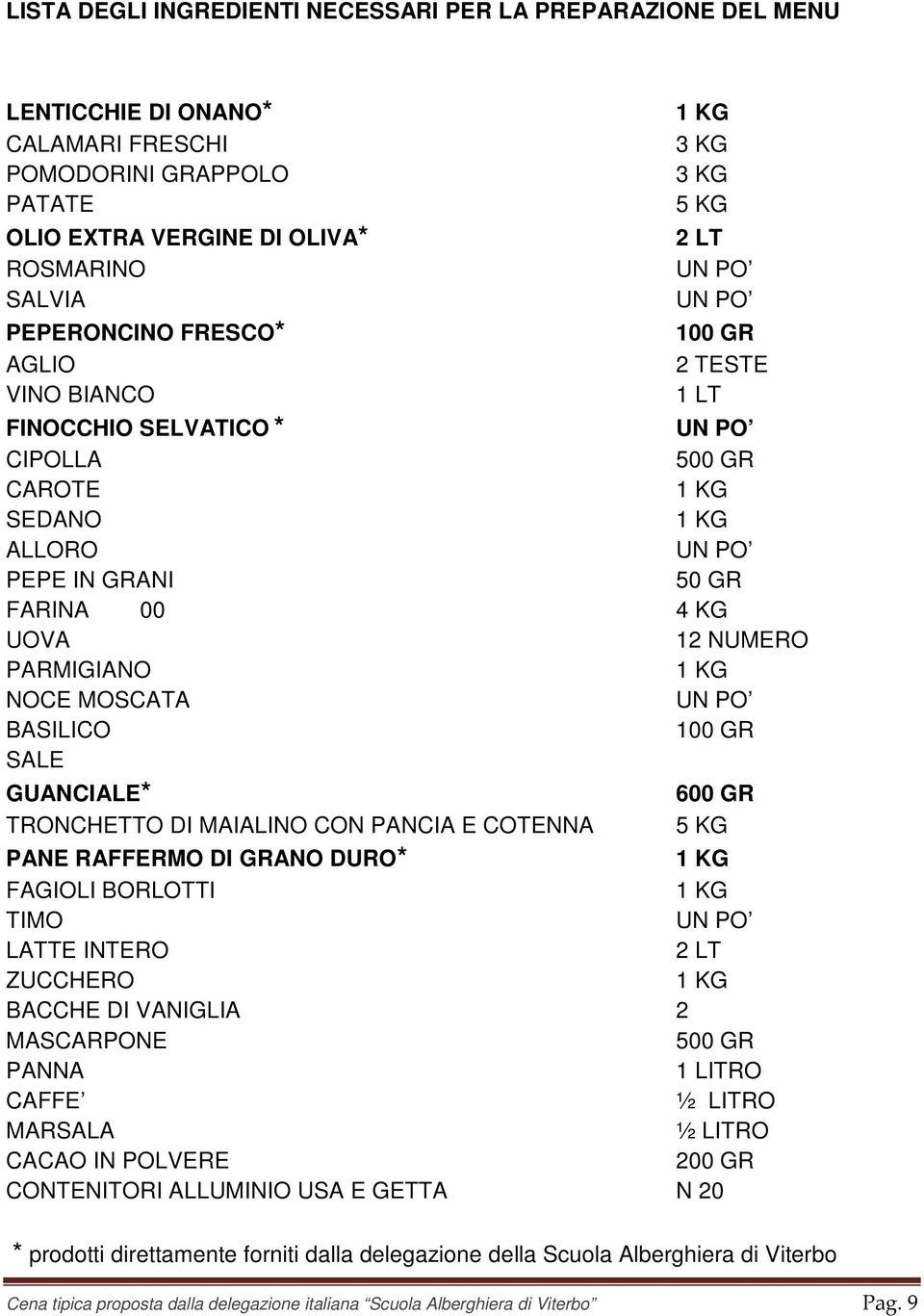 100 GR SALE GUANCIALE* 600 GR TRONCHETTO DI MAIALINO CON PANCIA E COTENNA 5 KG PANE RAFFERMO DI GRANO DURO* FAGIOLI BORLOTTI TIMO LATTE INTERO 2 LT ZUCCHERO BACCHE DI VANIGLIA 2 MASCARPONE 500 GR