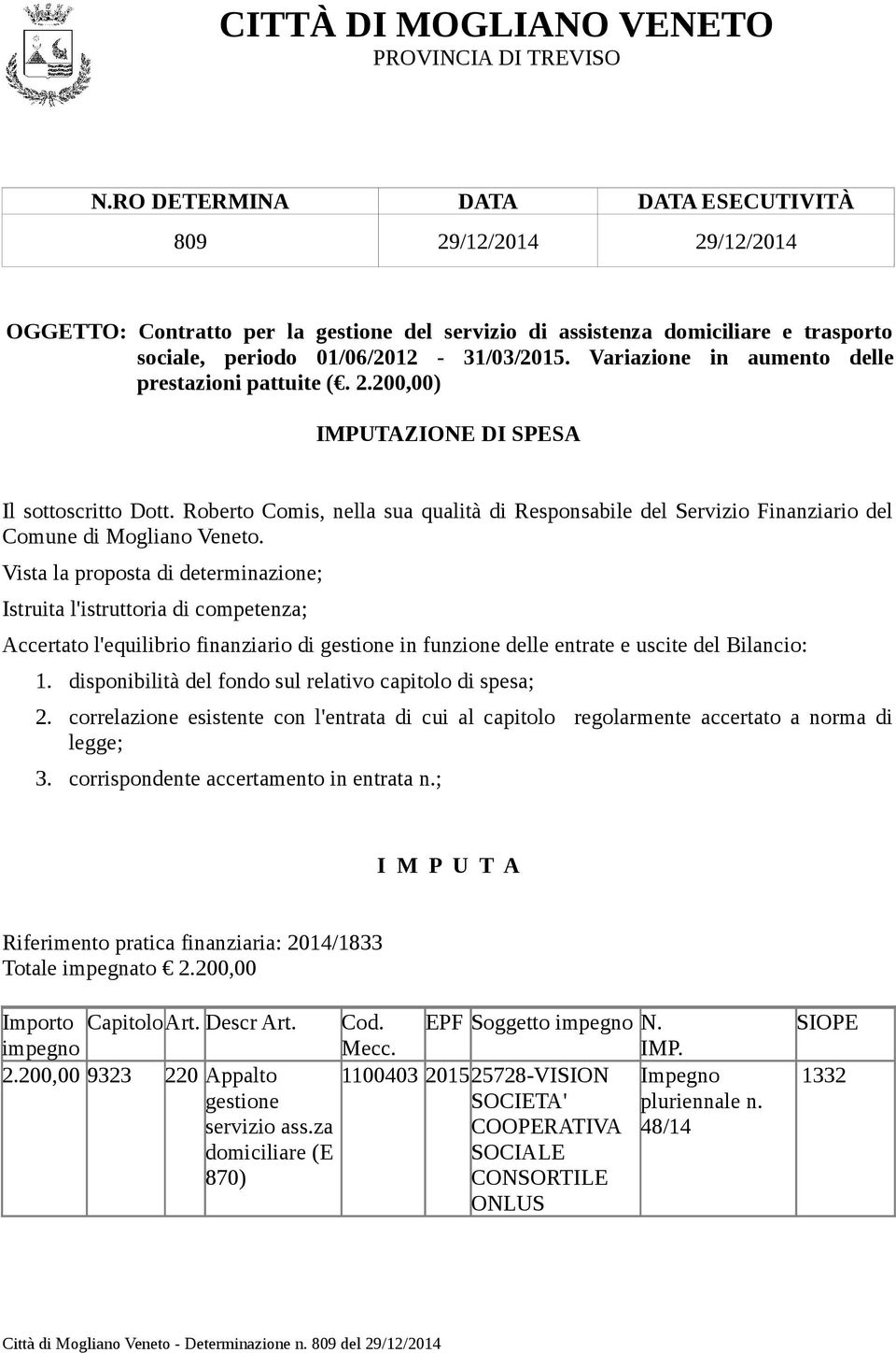 Variazione in aumento delle prestazioni pattuite (. 2.200,00) IMPUTAZIONE DI SPESA Il sottoscritto Dott.