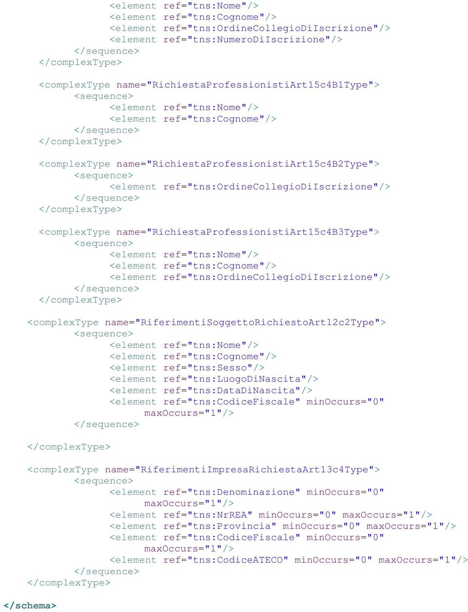 ref="tns:ordinecollegiodiiscrizione"/> <complextype name="riferimentisoggettorichiestoart12c2type"> <element ref="tns:nome"/> <element ref="tns:sesso"/> <element ref="tns:luogodinascita"/> <element