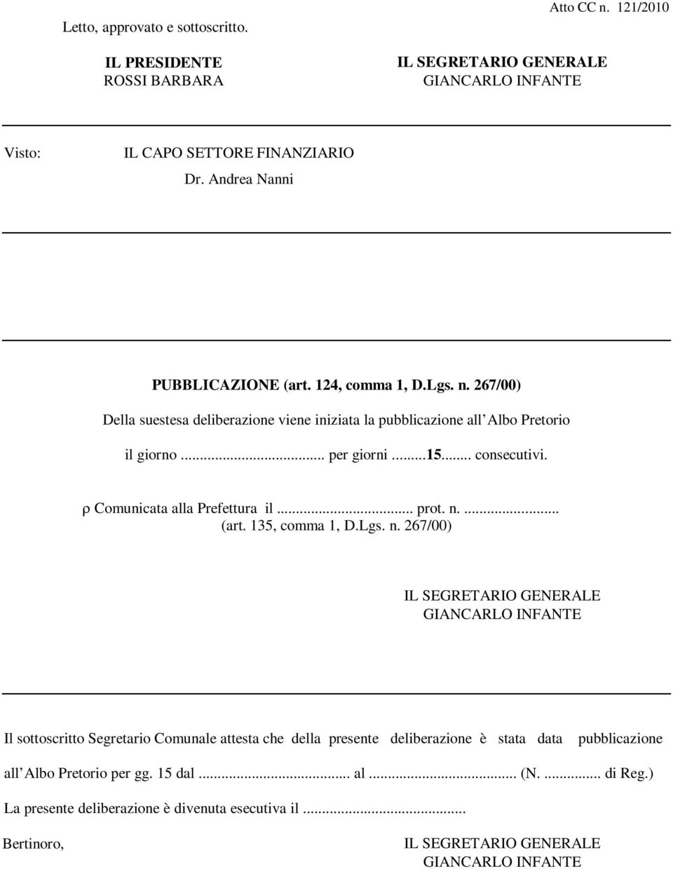 .. consecutivi. Comunicata alla Prefettura il... prot. n.