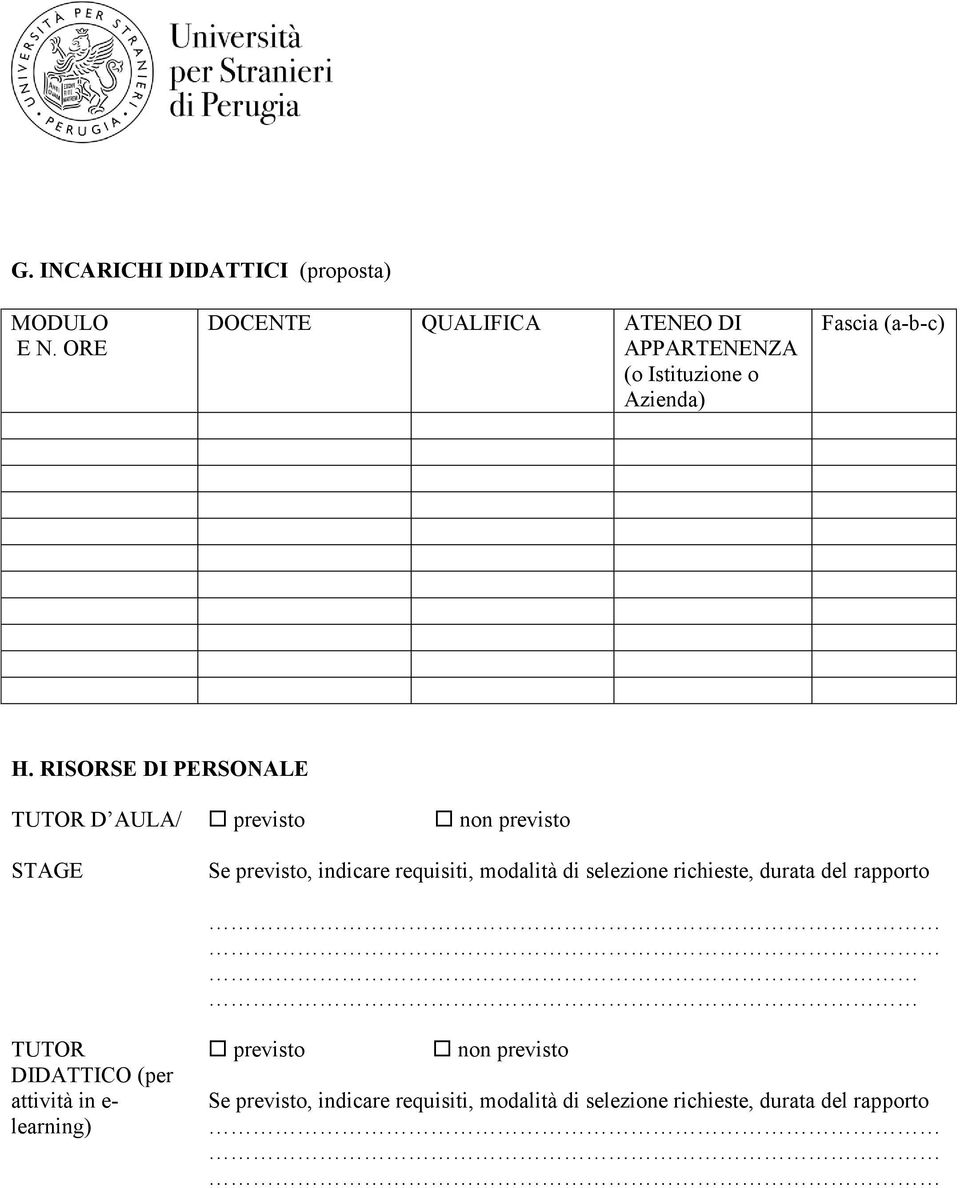 RISORSE DI PERSONALE TUTOR D AULA/ previsto non previsto STAGE Se previsto, indicare requisiti, modalità di