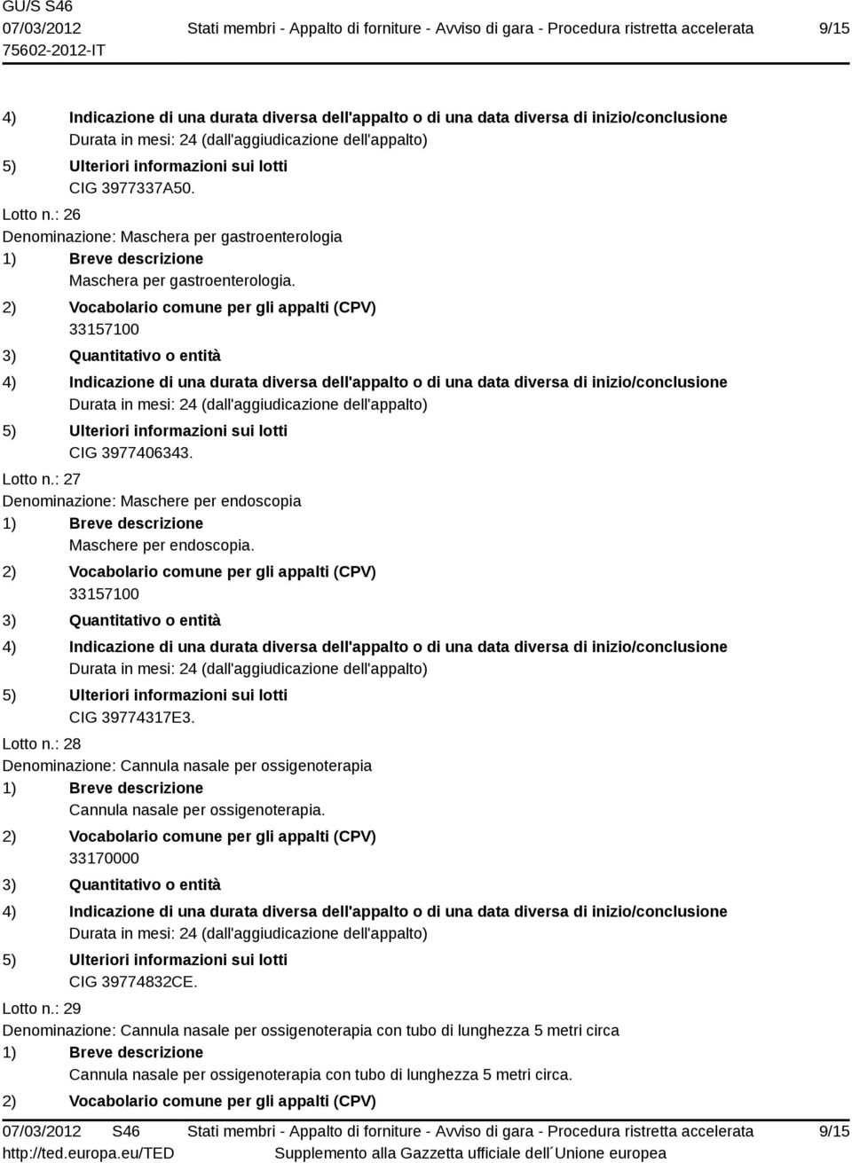 Lotto n.: 28 Denominazione: Cannula nasale per ossigenoterapia Cannula nasale per ossigenoterapia. CIG 39774832CE. Lotto n.