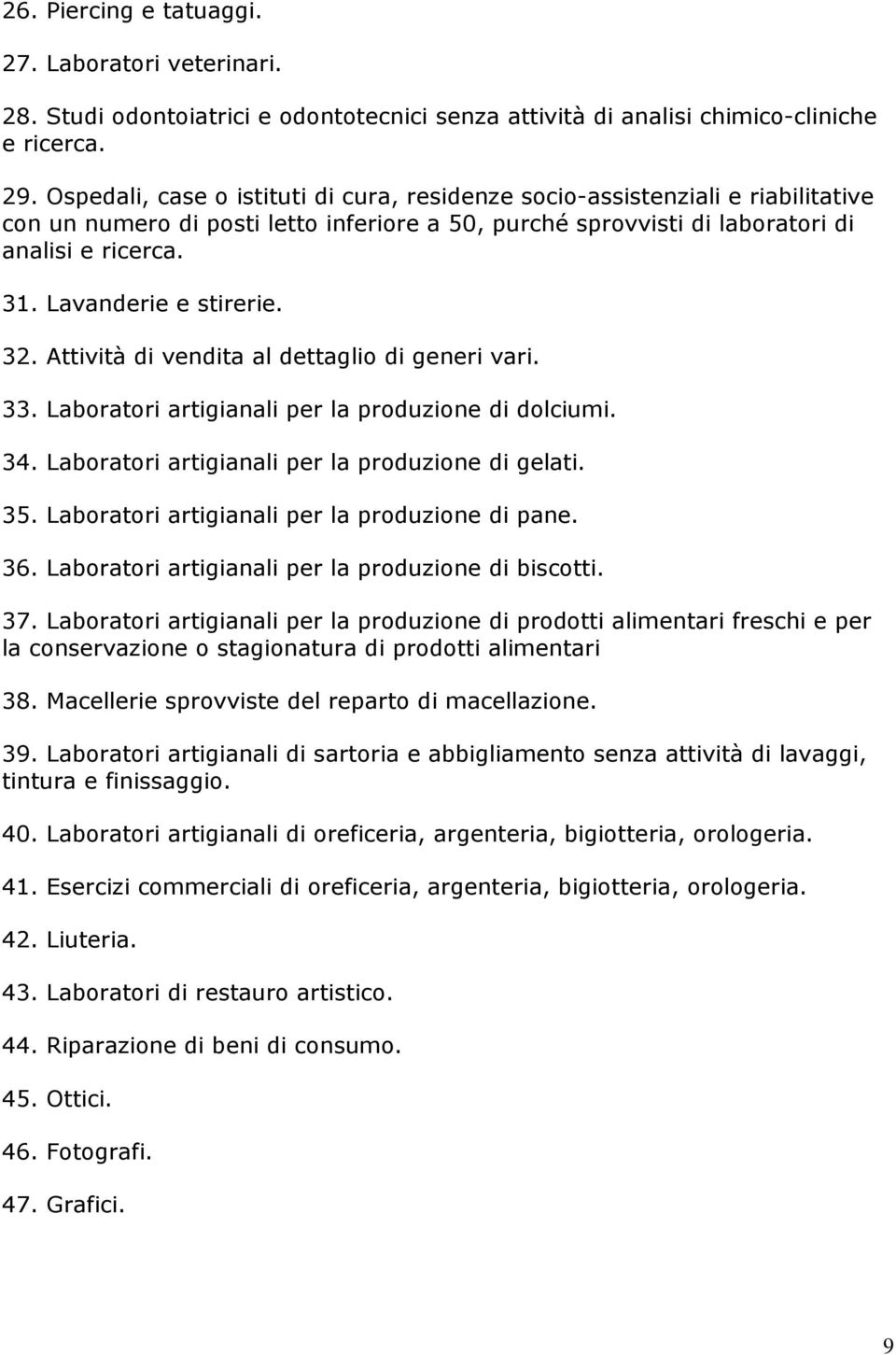 Lavanderie e stirerie. 32. Attività di vendita al dettaglio di generi vari. 33. Laboratori artigianali per la produzione di dolciumi. 34. Laboratori artigianali per la produzione di gelati. 35.