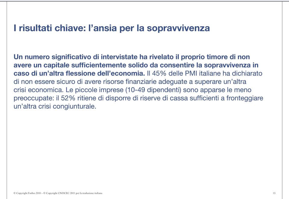 Il 45% delle PMI italiane ha dichiarato di non essere sicuro di avere risorse finanziarie adeguate a superare un altra crisi economica.