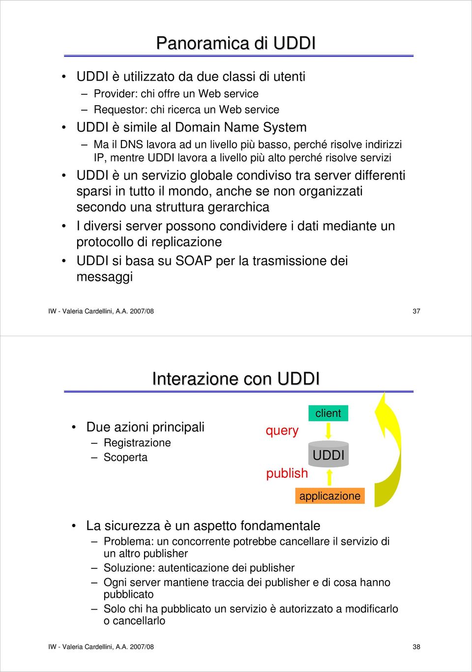 se non organizzati secondo una struttura gerarchica I diversi server possono condividere i dati mediante un protocollo di replicazione UDDI si basa su SOAP per la trasmissione dei messaggi IW -