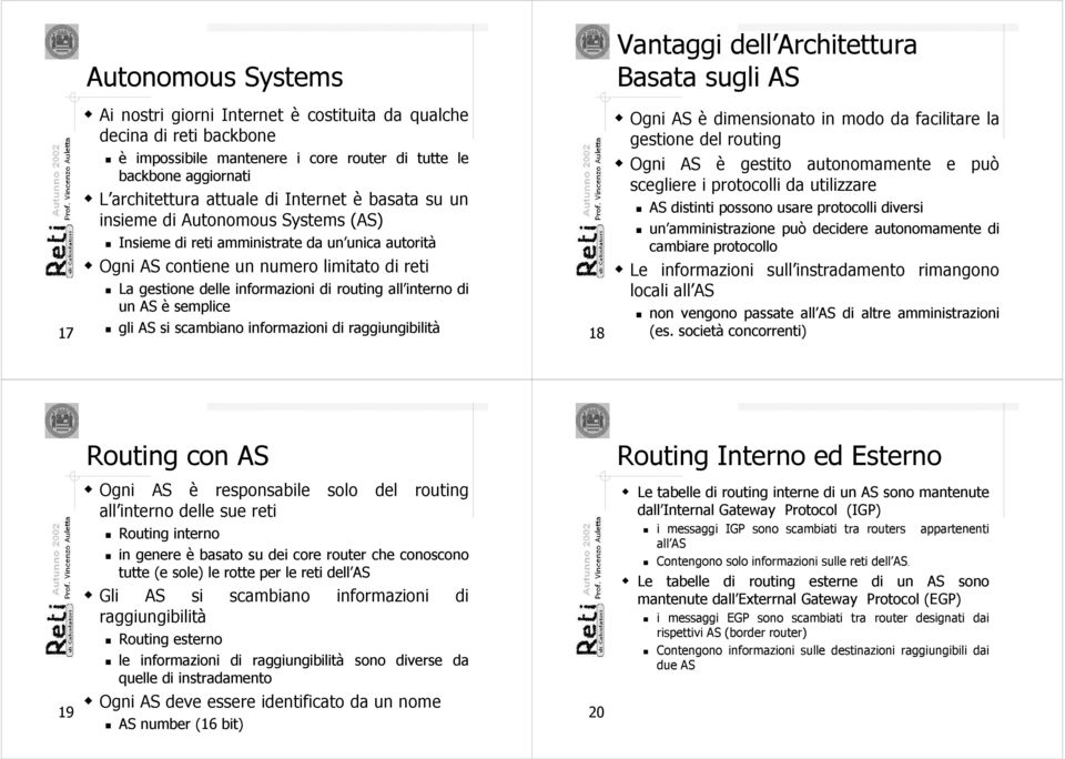 interno di un AS è semplice gli AS si scambiano informazioni di raggiungibilità 18 Vantaggi dell Architettura Basata sugli AS Ogni AS è dimensionato in modo da facilitare la gestione del routing Ogni