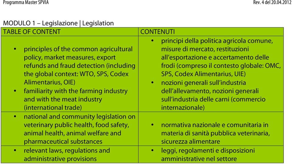 animal welfare and pharmaceutical substances relevant laws, regulations and administrative provisions CONTENUTI principi della politica agricola comune, misure di mercato, restituzioni all