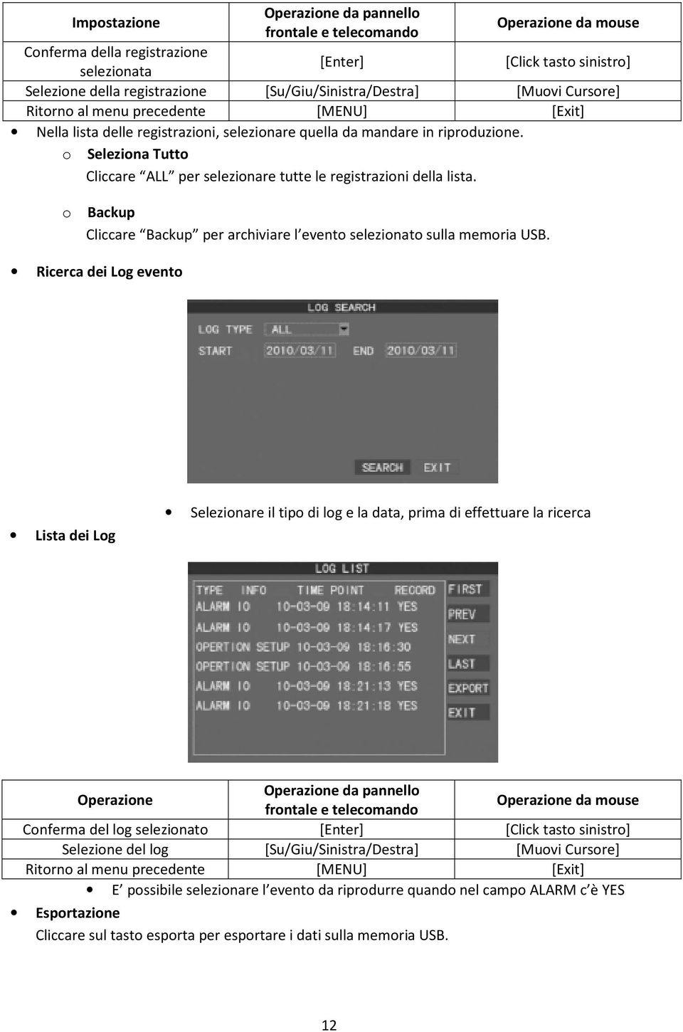 o Seleziona Tutto Cliccare ALL per selezionare tutte le registrazioni della lista. o Backup Cliccare Backup per archiviare l evento selezionato sulla memoria USB.