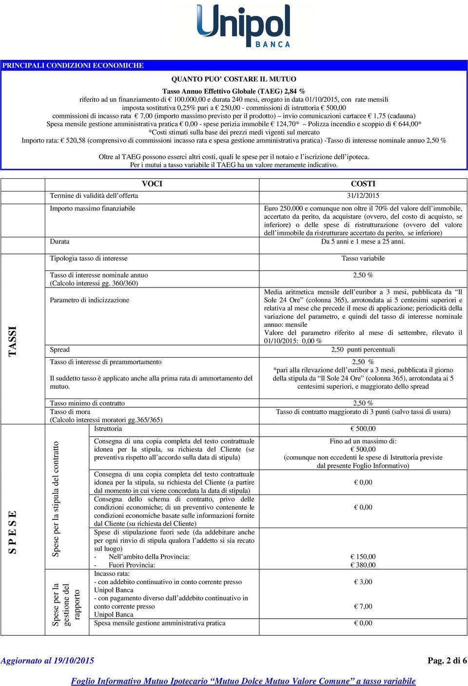 previsto per il prodotto) invio comunicazioni cartacee 1,75 (cadauna) Spesa mensile gestione amministrativa pratica - spese perizia immobile 124,70* Polizza incendio e scoppio di 644,00* *Costi