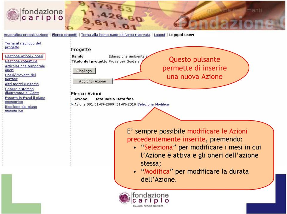 Seleziona per modificare i mesi in cui l Azione è attiva e gli