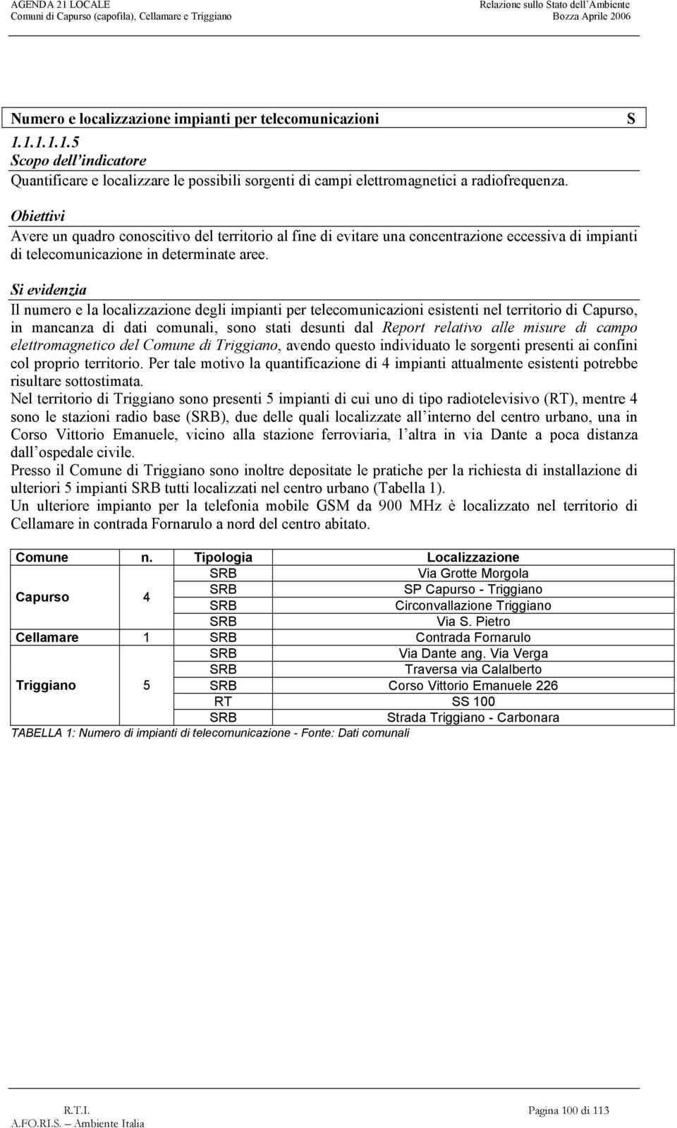 Il numero e la localizzazione degli impianti per telecomunicazioni esistenti nel territorio di Capurso, in mancanza di dati comunali, sono stati desunti dal Report relativo alle misure di campo