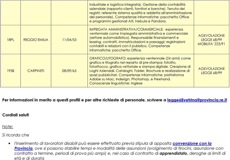 IMPIEGATA AMMINISTRATIVA/COMMERCIALE: esperienza ventennale come Impiegata amministrativa e commerciale (settore automobilistico).