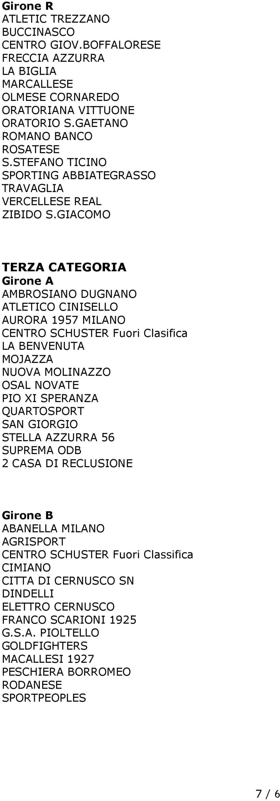 GIACOMO TERZA CATEGORIA Girone A AMBROSIANO DUGNANO ATLETICO CINISELLO AURORA 1957 MILANO CENTRO SCHUSTER Fuori Clasifica LA BENVENUTA MOJAZZA NUOVA MOLINAZZO OSAL NOVATE PIO XI SPERANZA