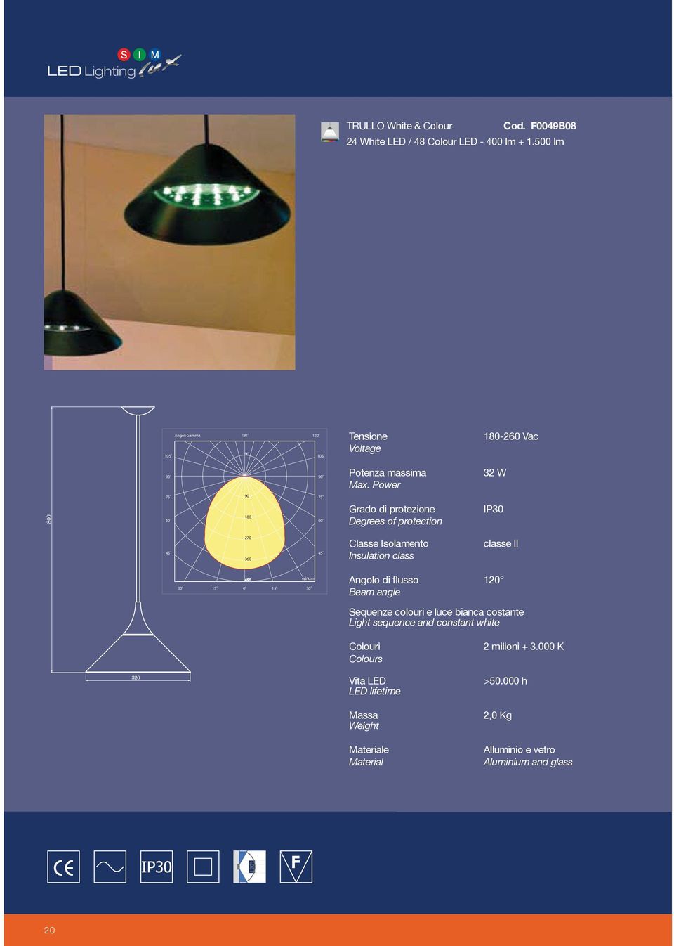 Power 32 W 800 180 Grado di protezione Degrees of protection IP30 270 360 Classe Isolamento Insulation class classe II 450 0 cd/klm Angolo