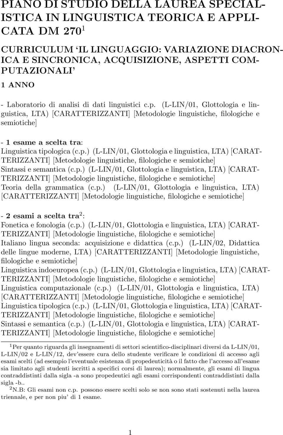 p.) (L-LIN/01, Glottologia e linguistica, LTA) [CARAT- Italiano lingua seconda: acquisizione e didattica (c.p.) (L-LIN/02, Didattica delle lingue moderne, LTA) [CARATTERIZZANTI] [Metodologie linguistiche, filologiche e semiotiche] Linguistica indoeuropea (c.