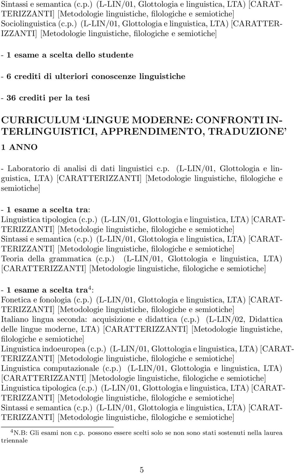 linguistiche - 36 crediti per la tesi CURRICULUM LINGUE MODERNE: CONFRONTI IN- TERLINGUISTICI, APPRENDIMENTO, TRADUZIONE 1 ANNO - Laboratorio di analisi di dati linguistici c.p. (L-LIN/01, Glottologia e linguistica, LTA) [CARATTERIZZANTI] [Metodologie linguistiche, filologiche e semiotiche] Teoria della grammatica (c.