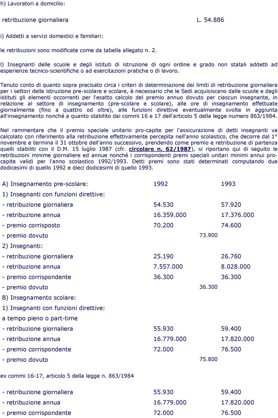 Tenuto conto di quanto sopra precisato circa i criteri di determinazione dei limiti di retribuzione giornaliera per i settori della istruzione pre-scolare e scolare, è necessario che le Sedi