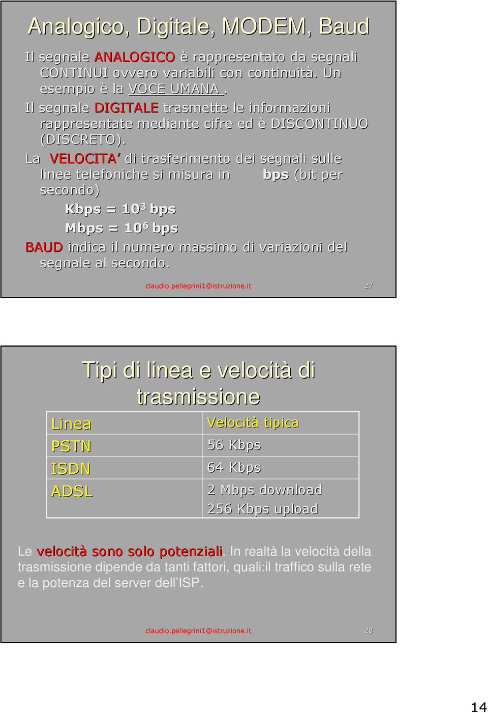 La VELOCITA di trasferimento dei segnali sulle linee telefoniche si misura in bps (bit per secondo) Kbps = 10 3 bps Mbps = 10 6 bps BAUD indica il numero massimo di variazioni del segnale al secondo.