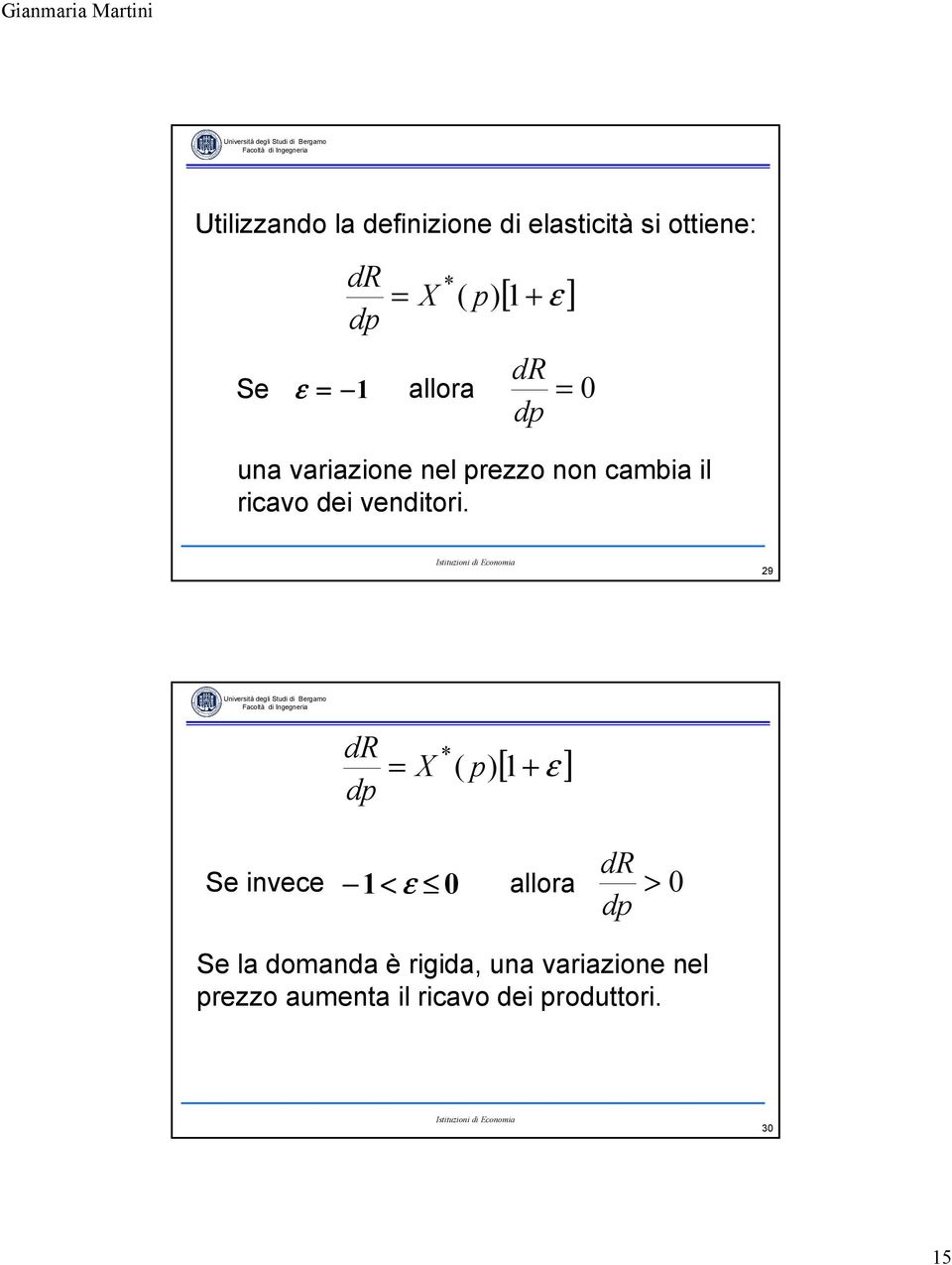 Isttuzon d Econom 29 Unverstà degl Stud d Bergmo Fcoltà d Ingegner dr d [ ] ( ) 1+ dr Se