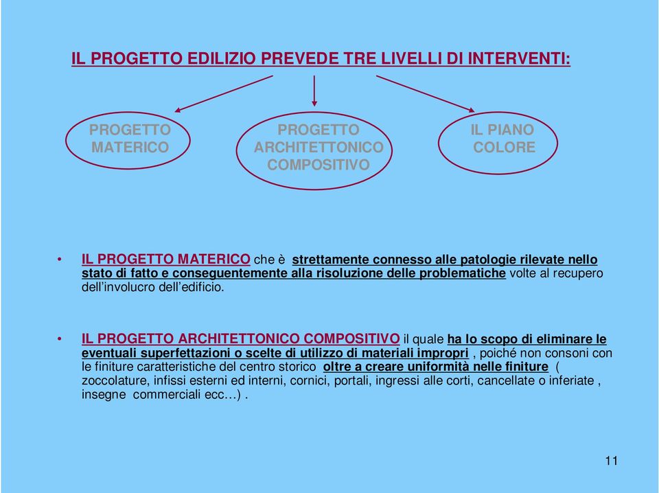 IL PROGETTO ARCHITETTONICO COMPOSITIVO il quale ha lo scopo di eliminare le eventuali superfettazioni o scelte di utilizzo di materiali impropri, poiché non consoni con le