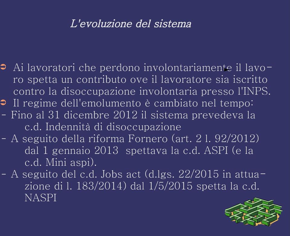 Il regime dell'emolumento è cambiato nel tempo: Fino al 31 dicembre 2012 il sistema prevedeva la c.d. Indennità di disoccupazione A seguito della riforma Fornero (art.