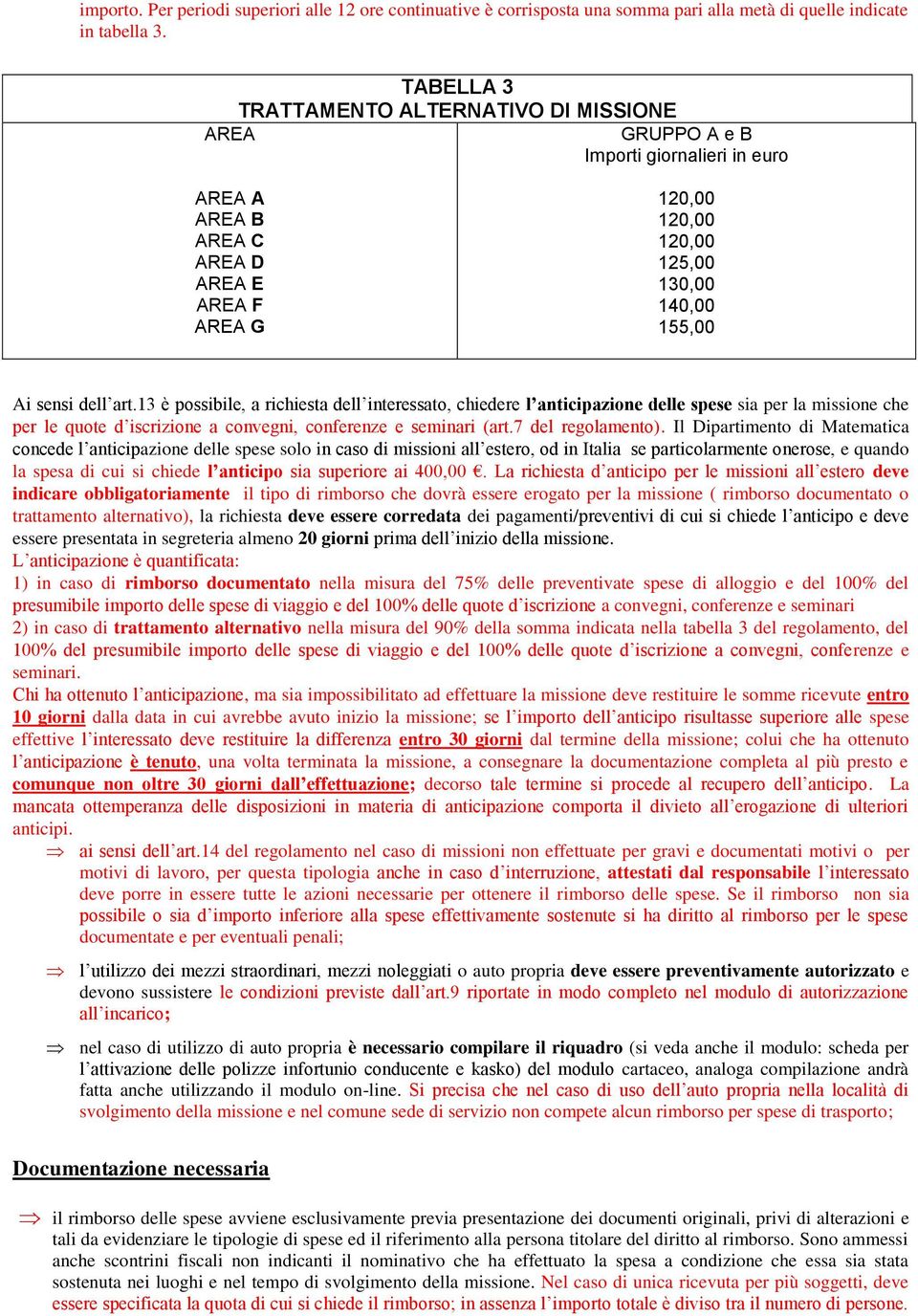 13 è possibile, a richiesta dell interessato, chiedere l anticipazione delle spese sia per la missione che per le quote d iscrizione a convegni, conferenze e seminari (art.7 del regolamento).