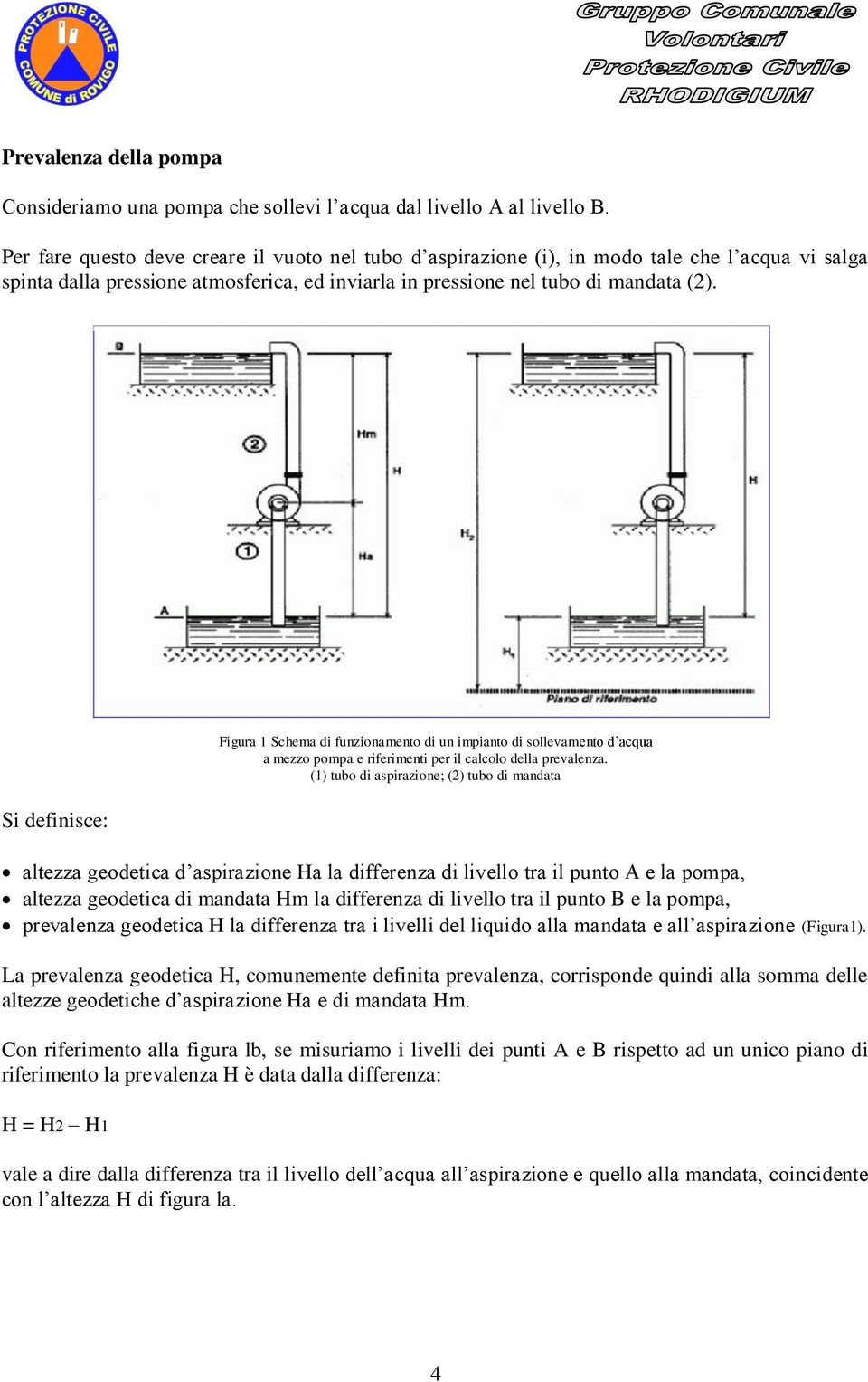 Si definisce: Figura 1 Schema di funzionamento di un impianto di sollevamento d acqua a mezzo pompa e riferimenti per il calcolo della prevalenza.