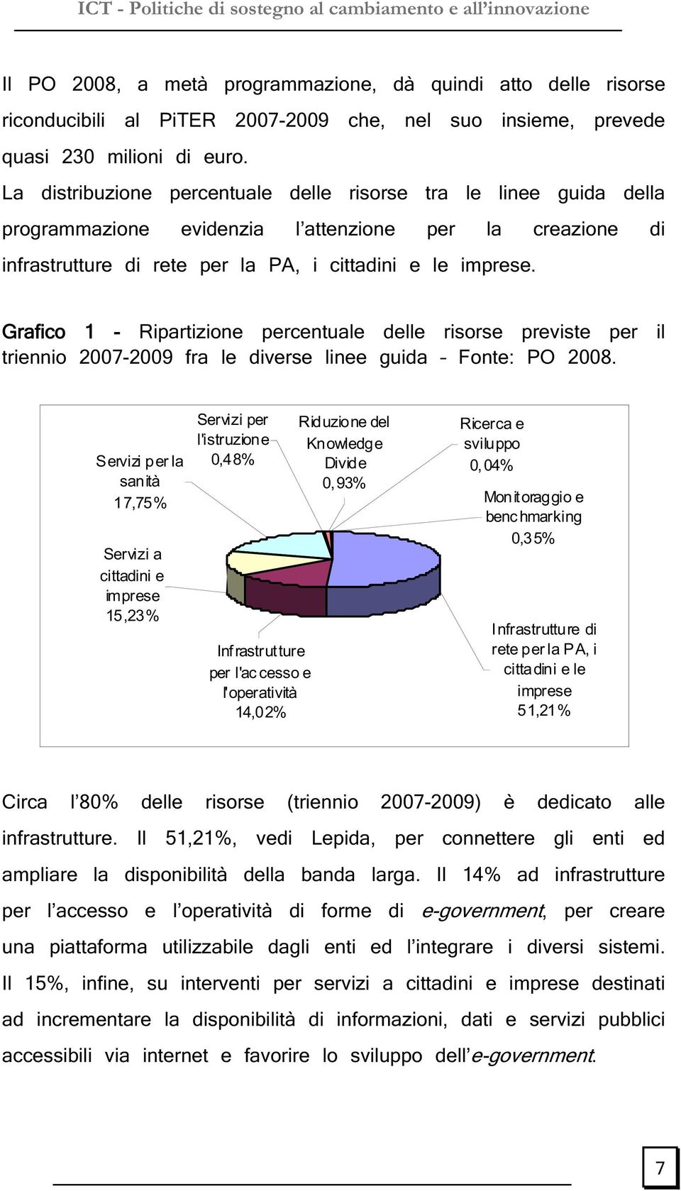Grafico 1 - Ripartizione percentuale delle risorse previste per il triennio 2007-2009 fra le diverse linee guida Fonte: PO 2008.