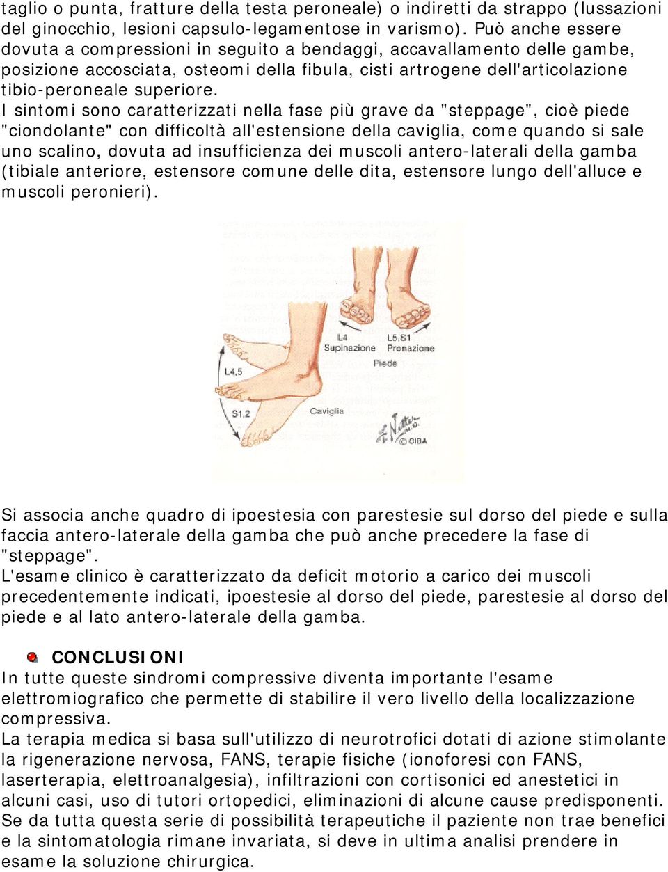 I sintomi sono caratterizzati nella fase più grave da "steppage", cioè piede "ciondolante" con difficoltà all'estensione della caviglia, come quando si sale uno scalino, dovuta ad insufficienza dei