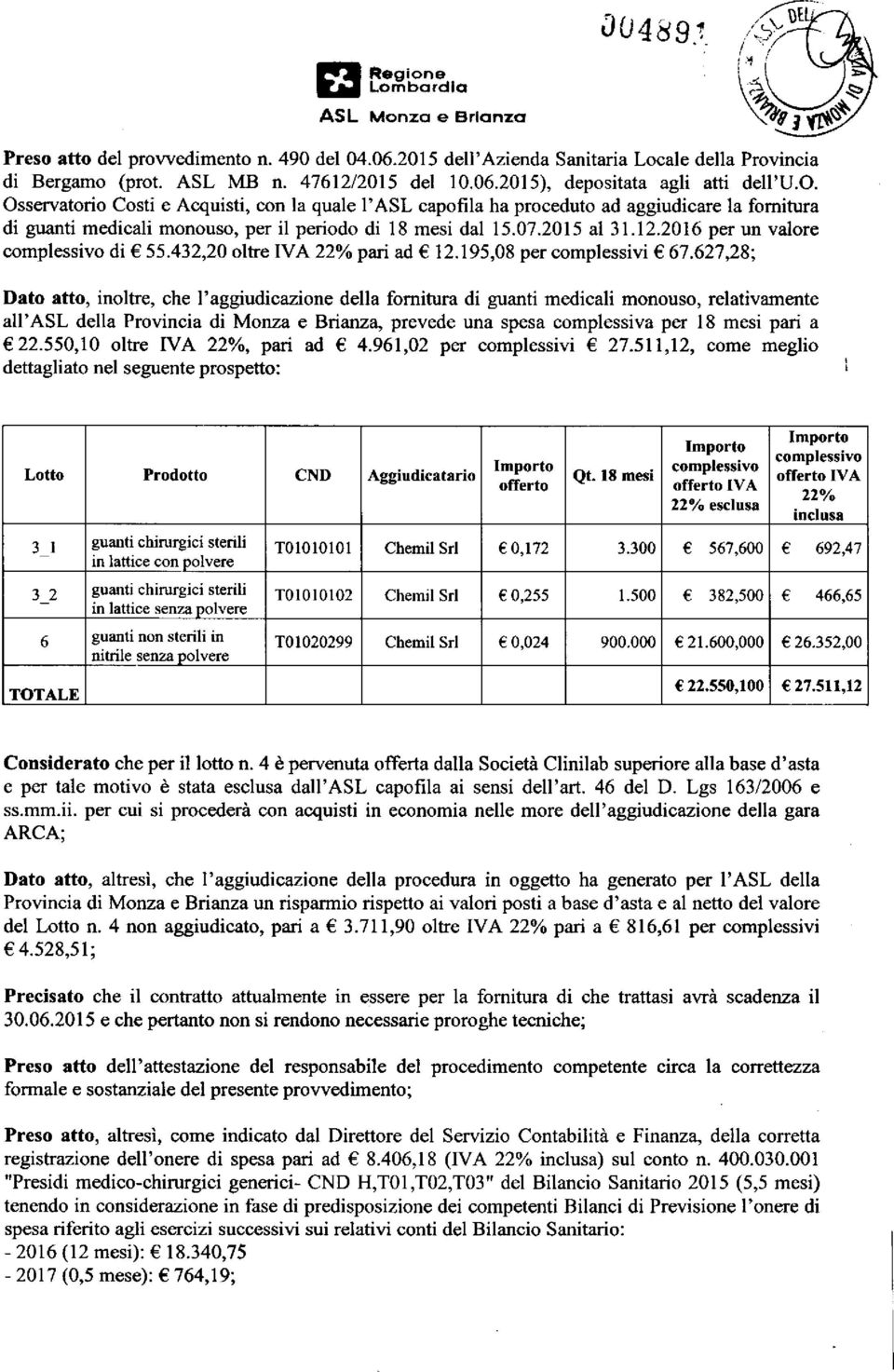 627,28; Dato atto, inoltre, che l'aggiudicazione della fornitura di guanti medicali monouso, relativamente ah'asl della Provincia di Monza e Brianza, prevede una spesa complessiva per 18 mesi pari a