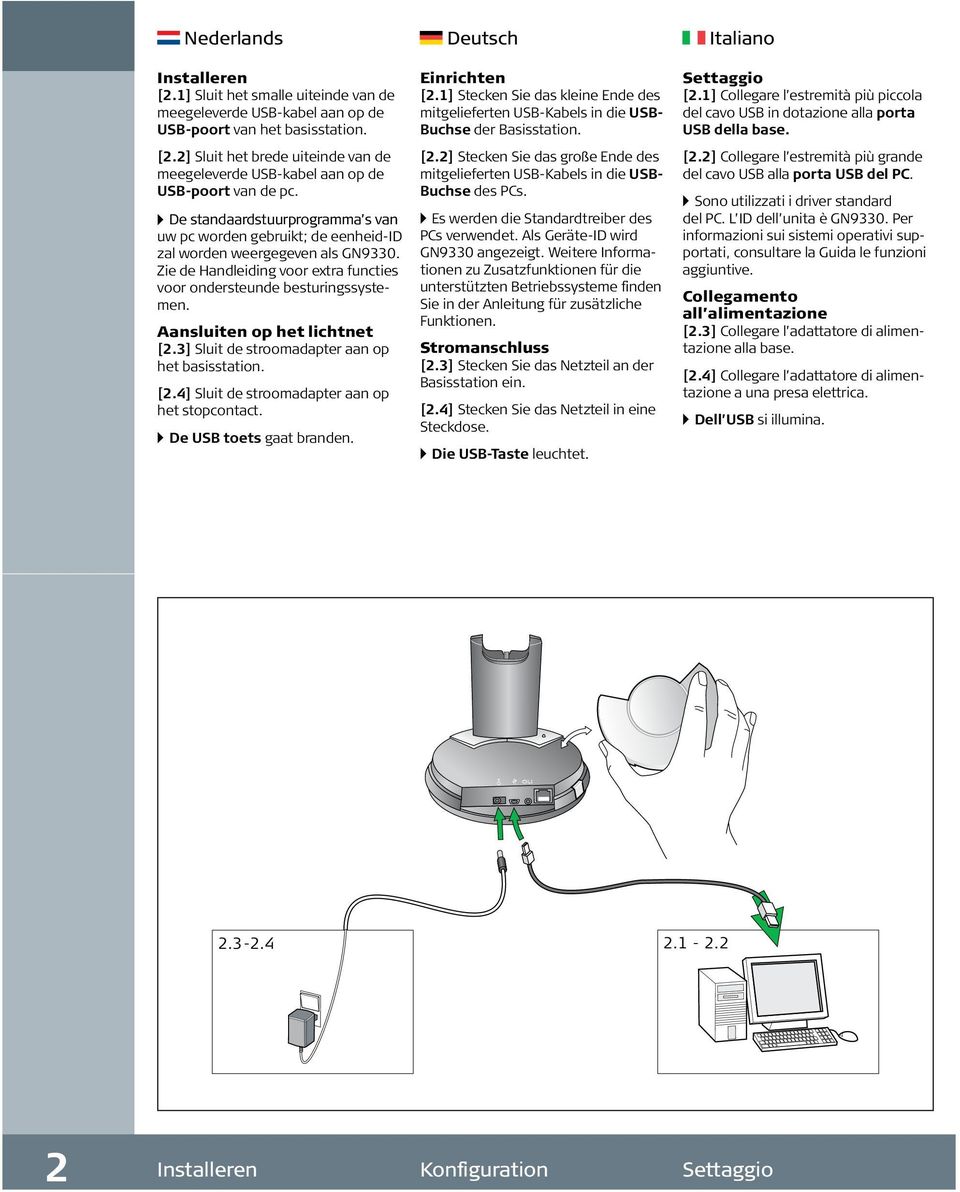 Aansluiten op het lichtnet [2.3] Sluit de stroomadapter aan op het basisstation. [2.4] Sluit de stroomadapter aan op het stopcontact. De USB toets gaat branden. Einrichten [2.