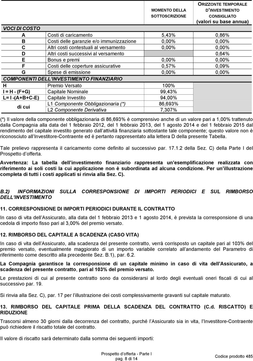 emissione 0,00% 0,00% COMPONENTI DELL INVESTIMENTO FINANZIARIO H Premio Versato 100% I = H - (F+G) Capitale Nominale 99,43% L= I -(A+B+C-E) Capitale Investito 94,00% di cui L1 Componente