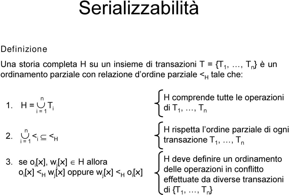 se o i [x], w j[x] H allora o i [x] < H w j [x] oppure w j [x] < H o i [x] H comprende tutte le operazioni di T 1,, T n H