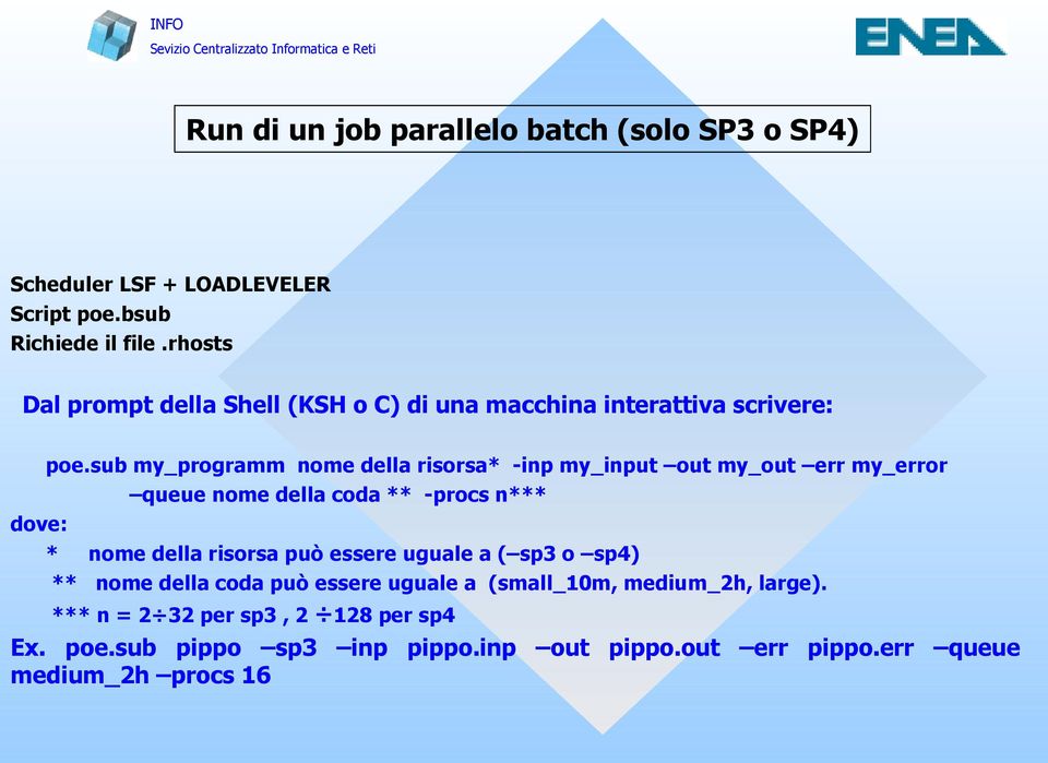 sub my_programm nome della risorsa* -inp my_input out my_out err my_error queue nome della coda ** -procs n*** * nome della risorsa può