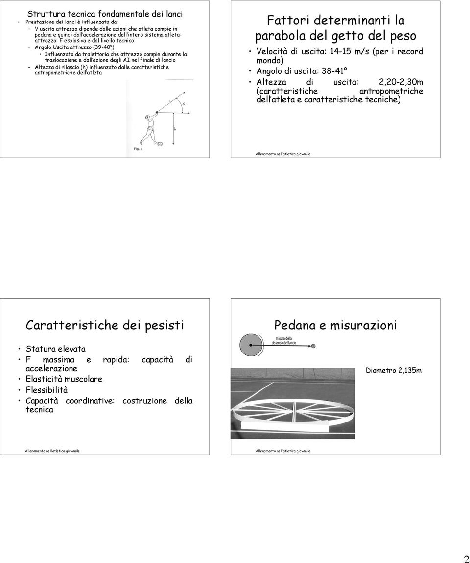 Altezza di rilascio (h) influenzato dalle caratteristiche antropometriche dell atleta Fattori determinanti la parabola del getto del peso Velocità di uscita: 14-15 m/s (per i record mondo) Angolo di