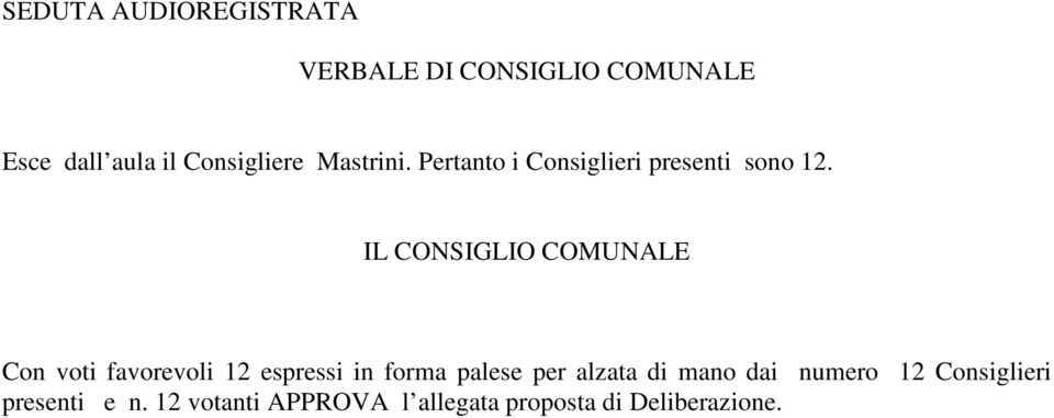 IL CONSIGLIO COMUNALE Con voti favorevoli 12 espressi in forma palese per