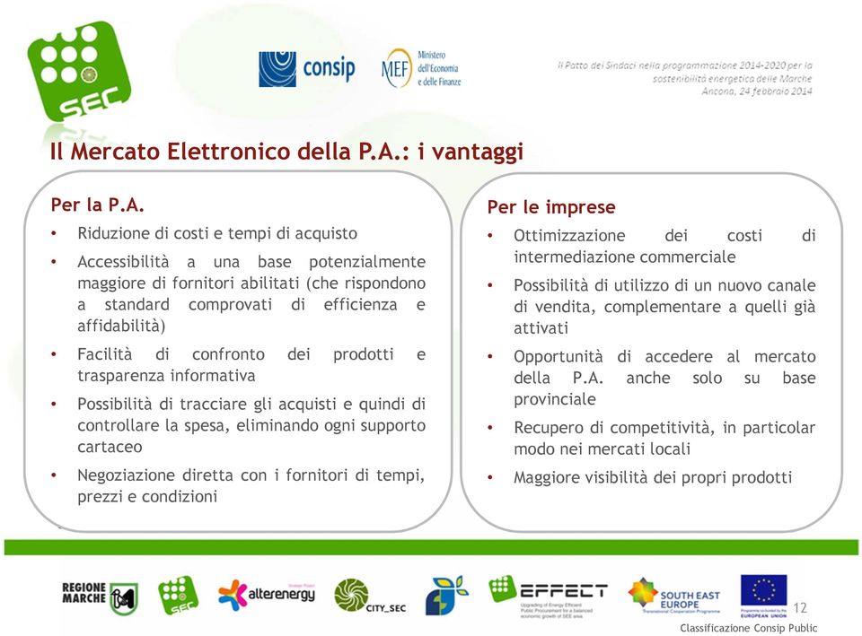 Riduzione di costi e tempi di acquisto Accessibilità a una base potenzialmente maggiore di fornitori abilitati (che rispondono a standard comprovati di efficienza e affidabilità) Facilità di