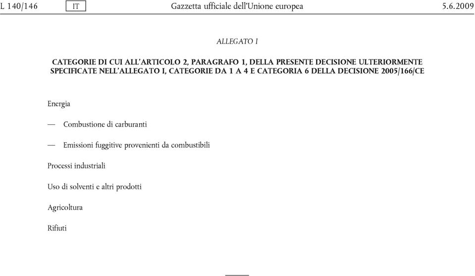 2009 ALLEGATO I CATEGORIE DI CUI ALL ARTICOLO 2, PARAGRAFO 1, DELLA PRESENTE DECISIONE ULTERIORMENTE