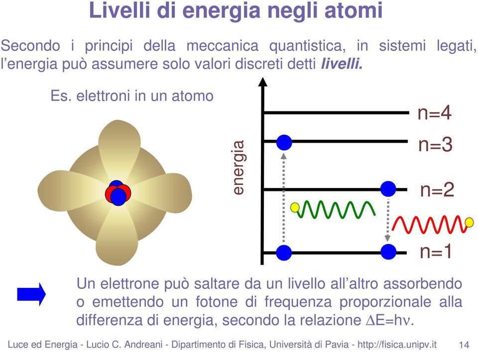 elettroni in un atomo energia n=4 n=3 n=2 n=1 Un elettrone può saltare da un livello all altro assorbendo o emettendo