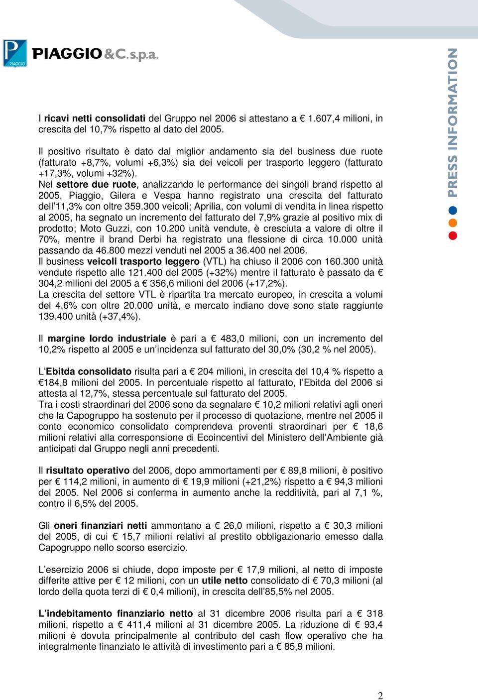 Nel settore due ruote, analizzando le performance dei singoli brand rispetto al 2005, Piaggio, Gilera e Vespa hanno registrato una crescita del fatturato dell 11,3% con oltre 359.