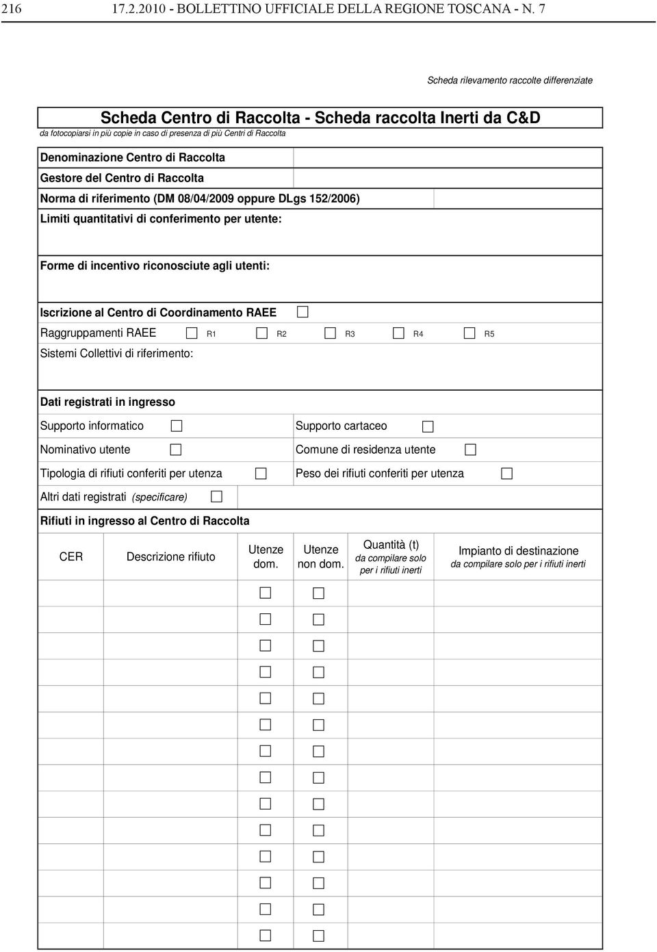 Norma di riferimento (DM 08/04/2009 oppure DLgs 152/2006) Limiti quantitativi di conferimento per utente: Forme di incentivo riconosciute agli utenti: Iscrizione al Centro di Coordinamento RAEE