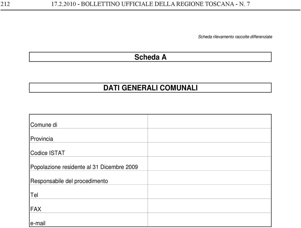 7 Scheda A DATI GENERALI COMUNALI Comune di Provincia