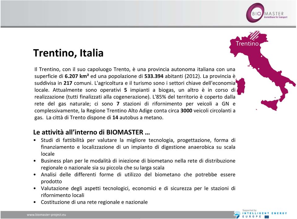 Attualmente sono operativi 5 impianti a biogas, un altro è in corso di realizzazione (tutti finalizzati alla cogenerazione).