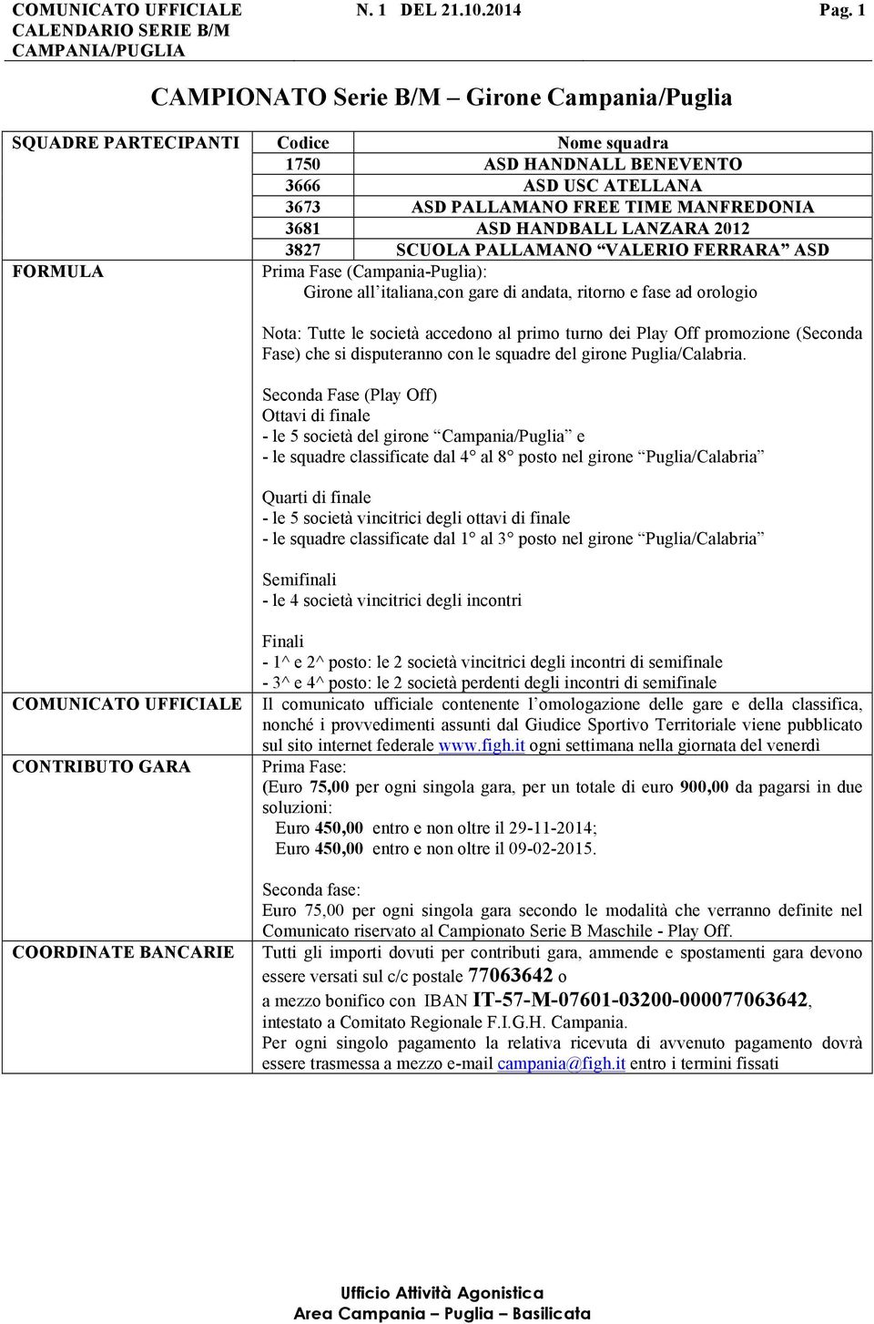 LANZARA 2012 3827 SCUOLA PALLAMANO VALERIO FERRARA ASD FORMULA Prima Fase (Campania-Puglia): Girone all italiana,con gare di andata, ritorno e fase ad orologio Nota: Tutte le società accedono al