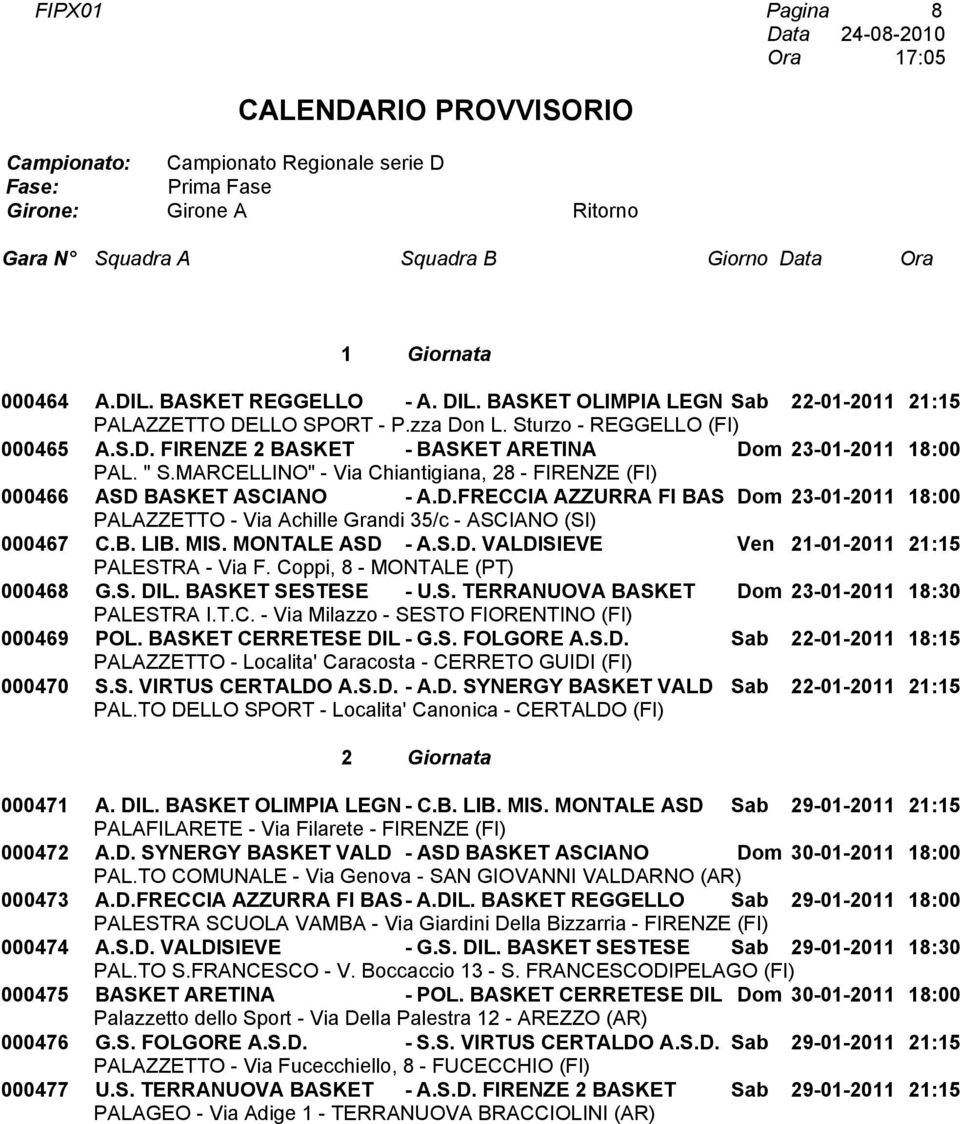 BASKET CERRETESE DIL - G.S. FOLGORE A.S.D. Sab 22-01-2011 18:15 000470 S.S. VIRTUS CERTALDO A.S.D. - A.D. SYNERGY BASKET VALD Sab 22-01-2011 21:15 2 Giornata 000471 A. DIL. BASKET OLIMPIA LEGN - C.B. LIB.