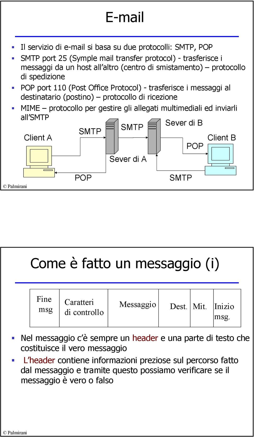 SMTP Sever di B SMTP SMTP Client A Client B POP Sever di A POP SMTP Come è fatto un messaggio (i) Fine msg Caratteri di controllo Messaggio Dest. Mit. Inizio msg.