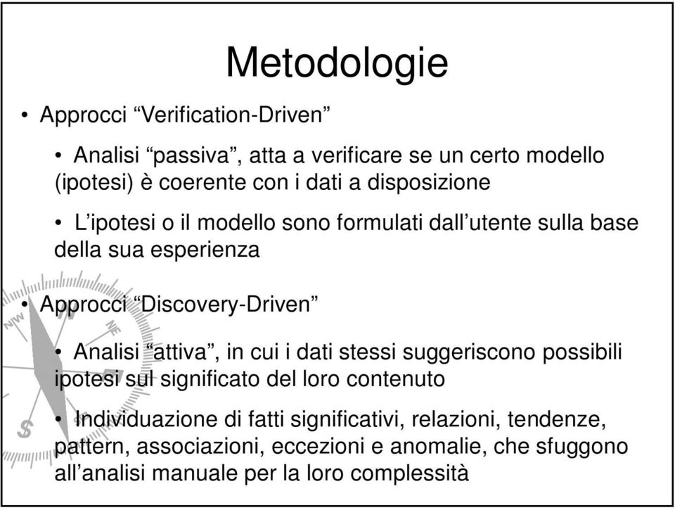 Analisi attiva, in cui i dati stessi suggeriscono possibili ipotesi sul significato del loro contenuto Individuazione di fatti