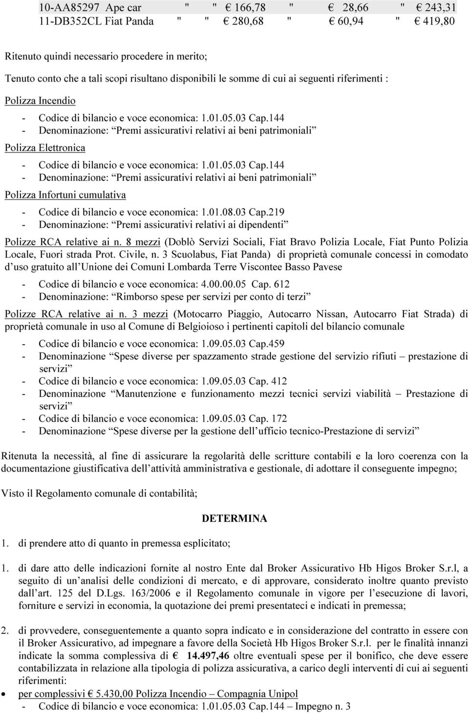 01.08.03 Cap.219 - Denominazione: Premi assicurativi relativi ai dipendenti Polizze RCA relative ai n.